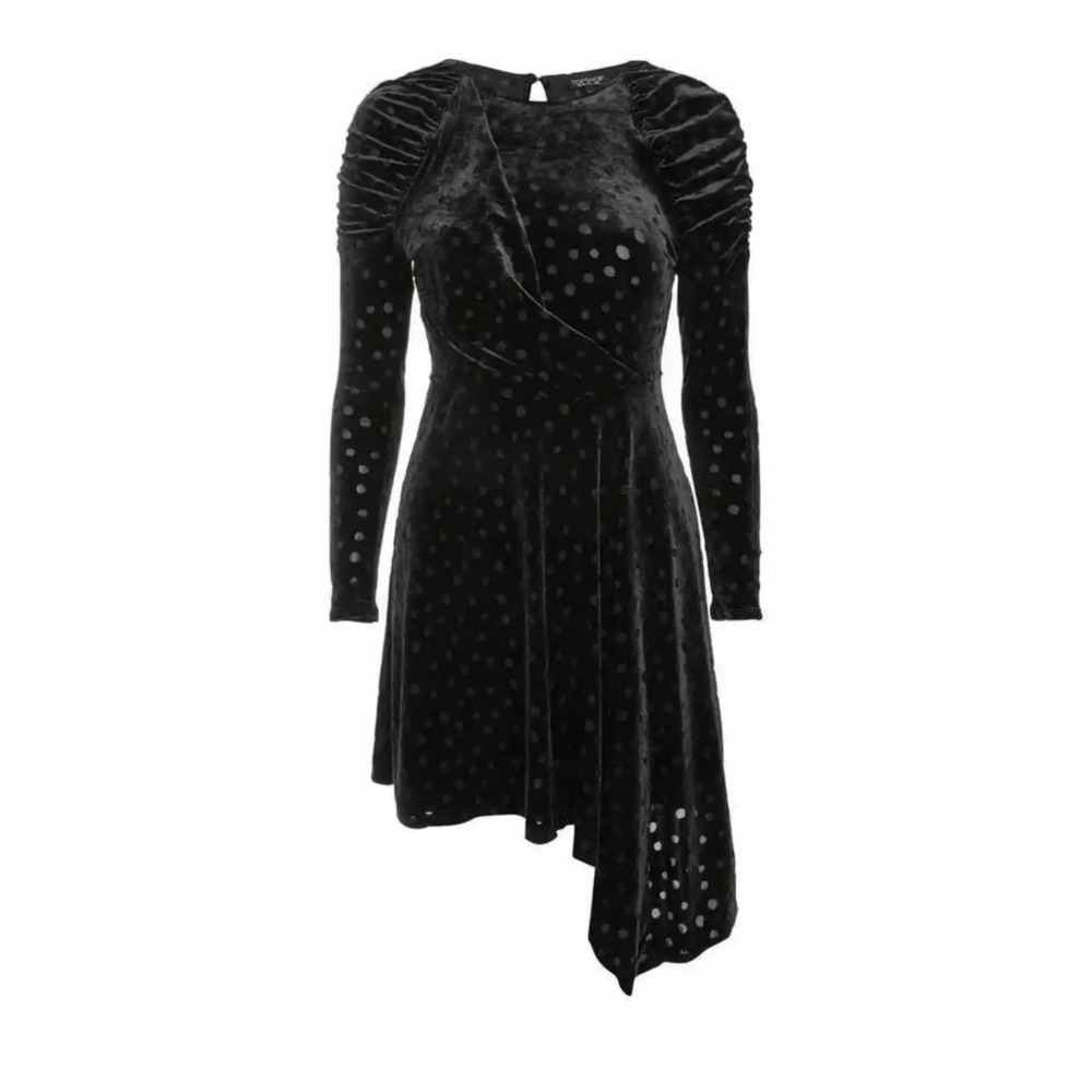 Topshop NWT Black Velvet Polka Dot Dress | Size 2 | Asymmetrical Hem - Picture 4 of 8